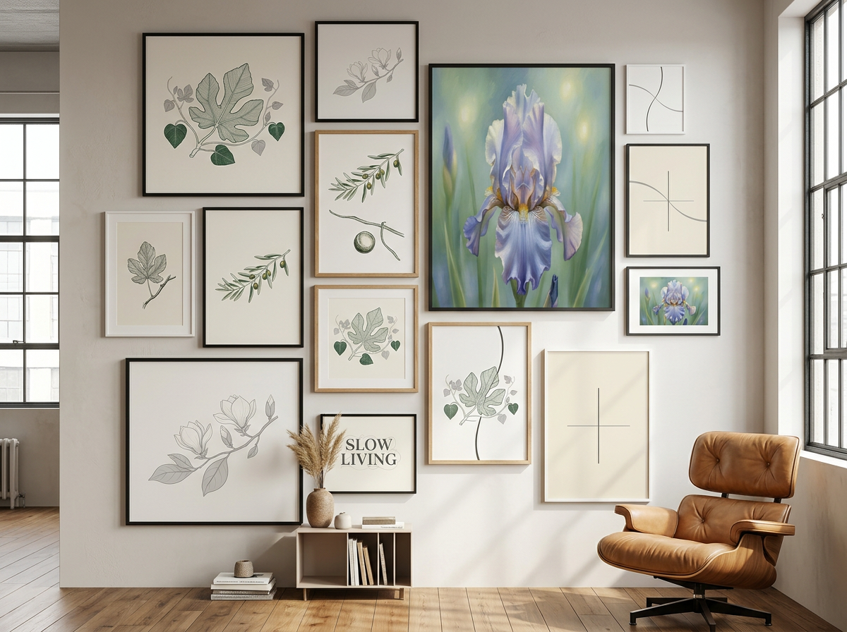 Salon-style gallery wall of framed prints in a bright modern loft