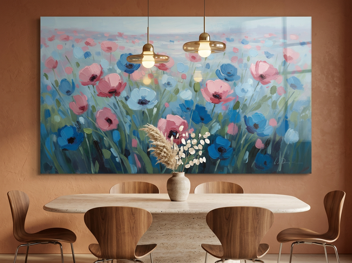 Large floral acrylic print above a travertine dining table