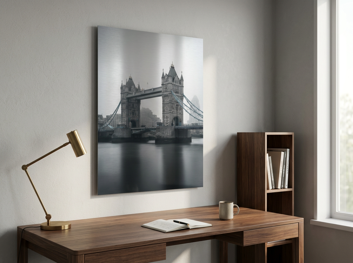 Brushed metal print above a walnut desk in a modern home office